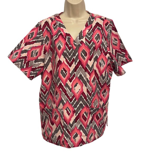 Tafford Pink Grey Aztec Print‎ Medical Scrub Top Medium 100% Cotton